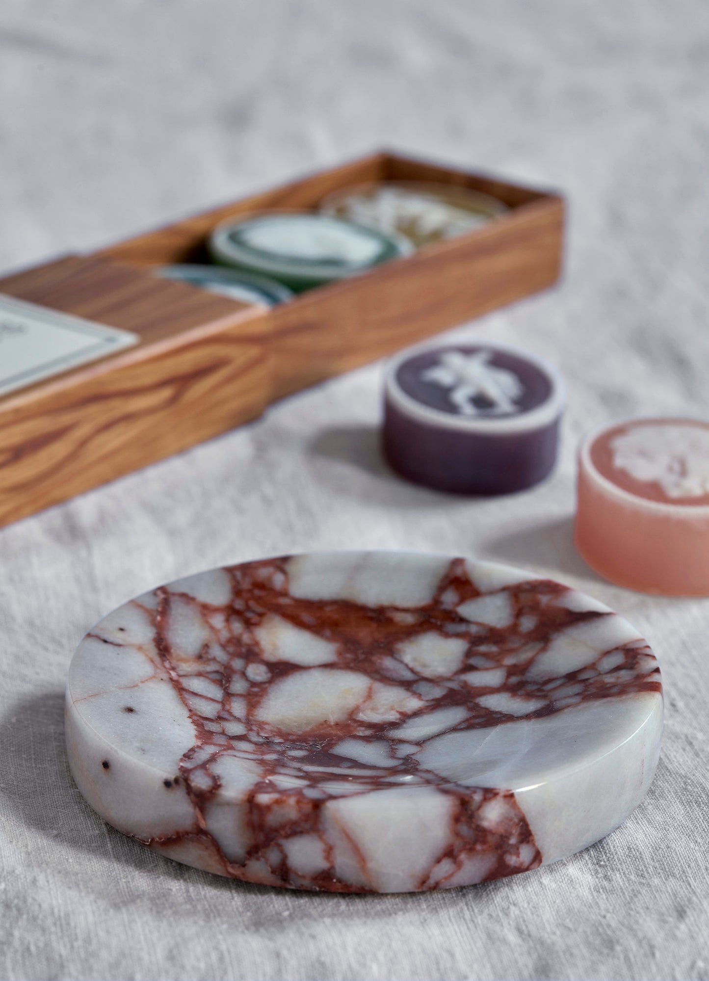 Red & White Marble Soap Dish  - Round