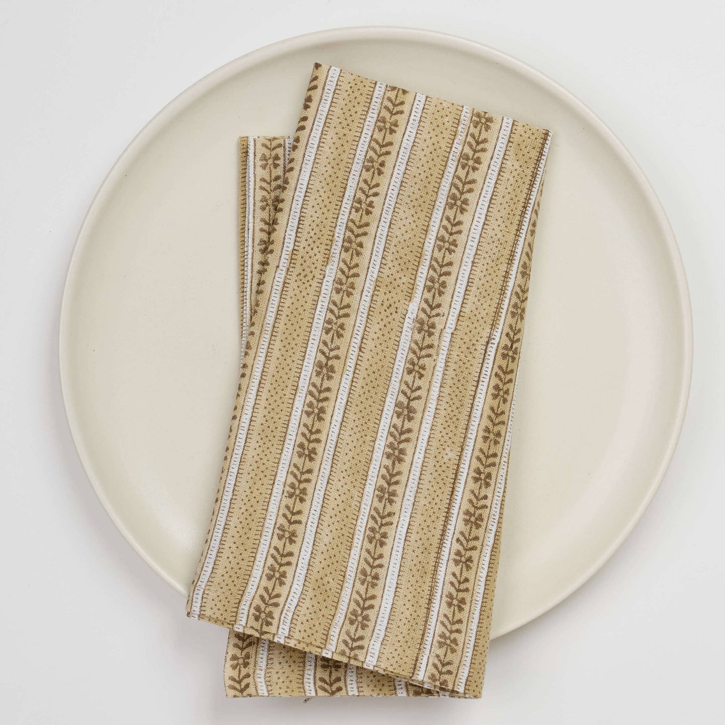 Block Printed Linen Napkin Set Floral Stripe: Ochre