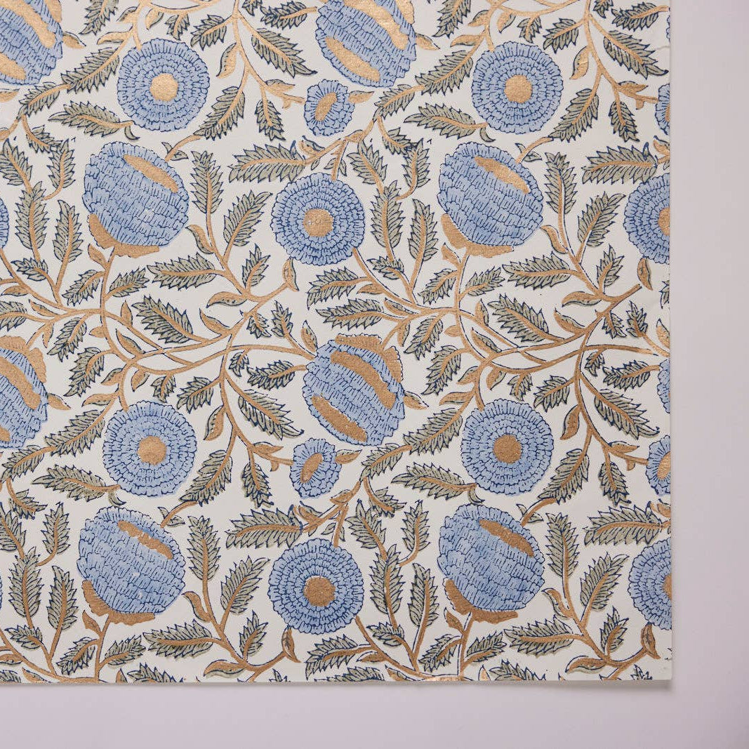 Block Printed Wrapping Paper - Marigold Glitz Blue