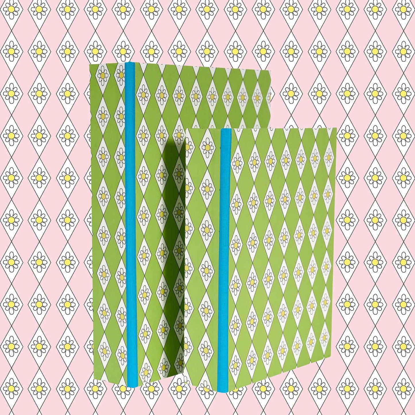 A5 Boxfile - Green Diamond Daisy - Blue