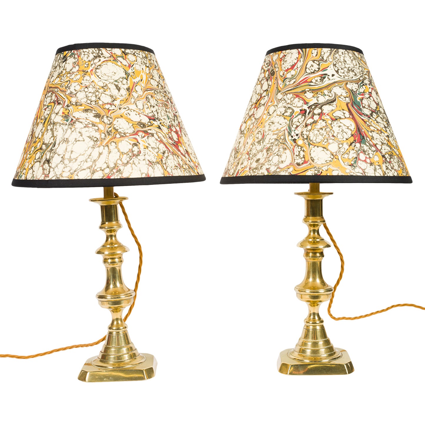 Pair Shaped Antique Brass Candlestick Lamps