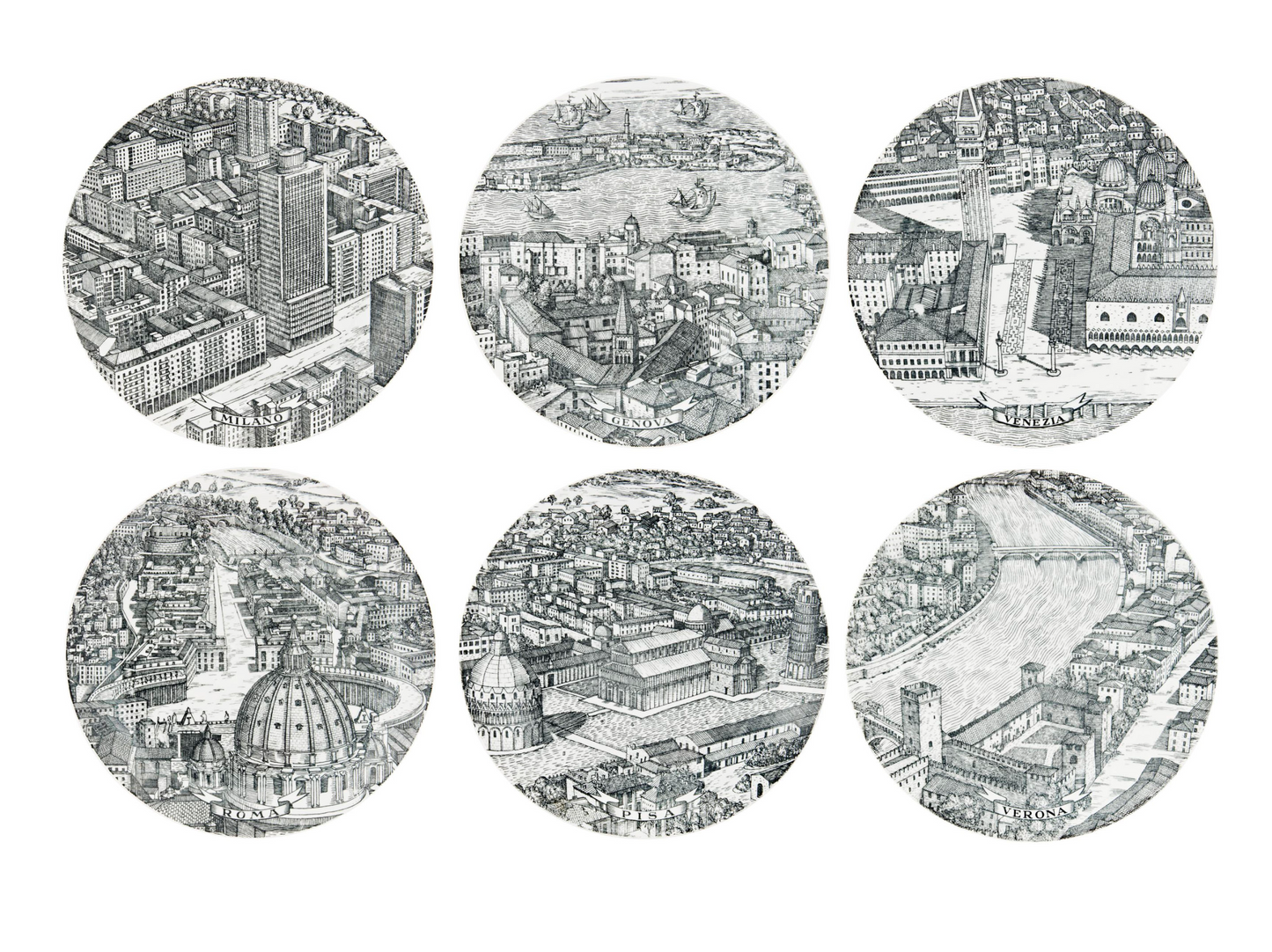 Set Of Six Piero Fornasetti 'CITIES OF ITALY' Plates, circa 1950.