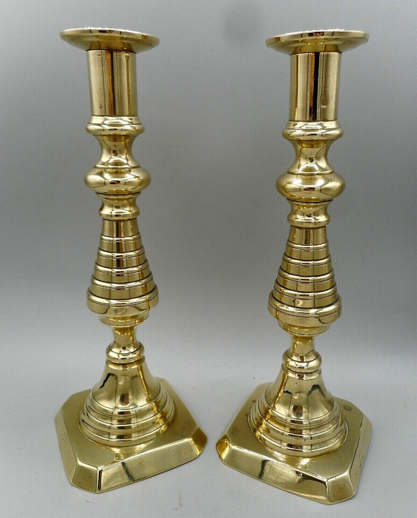PAIR OF ANTIQUE SOLID BRASS CANDLESTICKS - BEEHIVE DESIGN