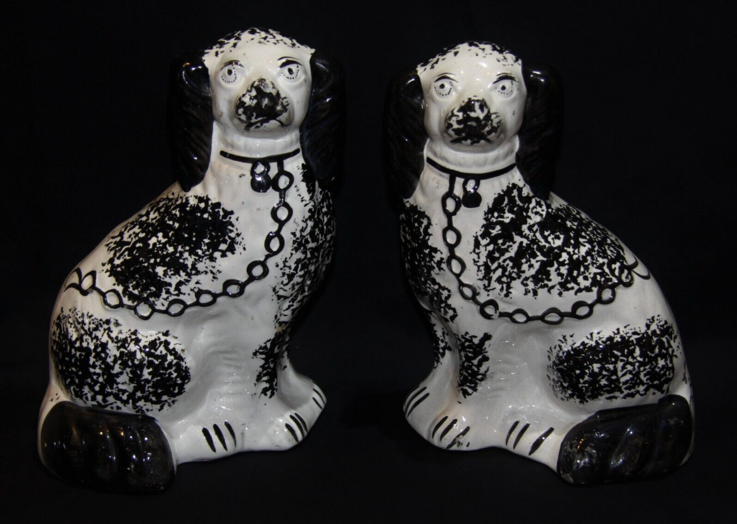 Pair of Antique Staffordshire Sponge Decorated Wally Dogs in Black & White