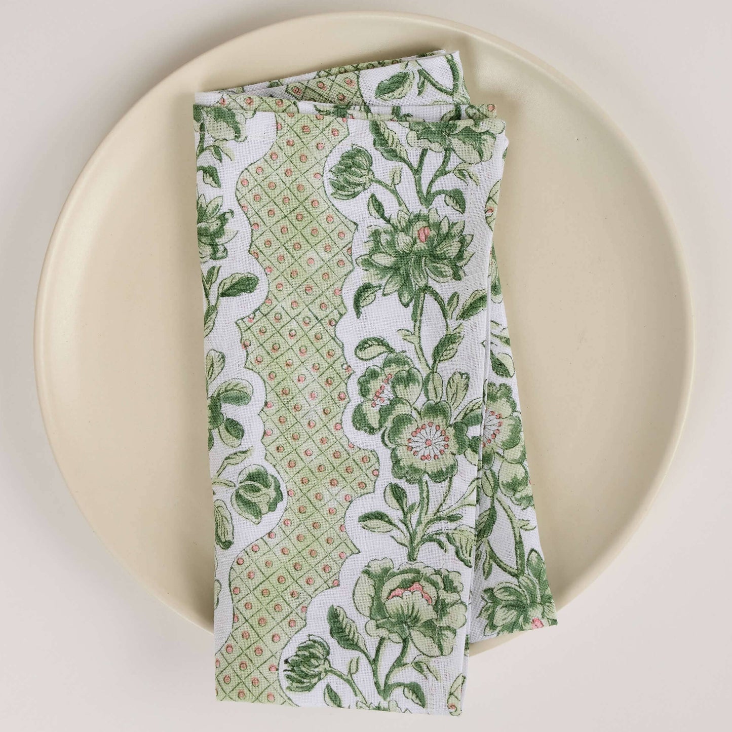 Block Printed Set of 2 Napkins - Blooming Trellis: Green