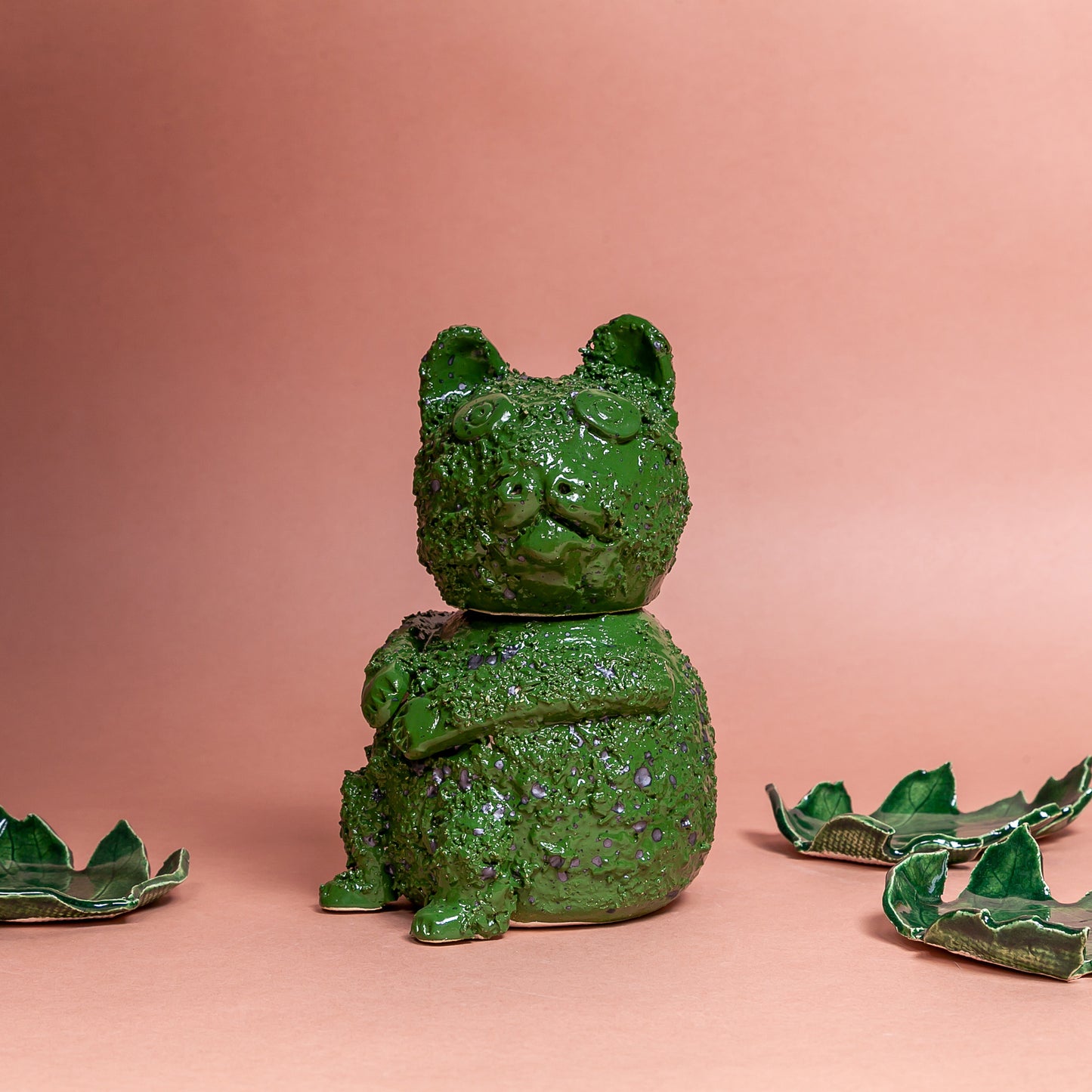 Pottery Cat Bottle - Irish Green Glaze