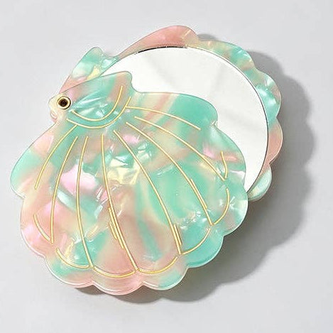 Vintage Seashell Acetate Compact Mirror - Green