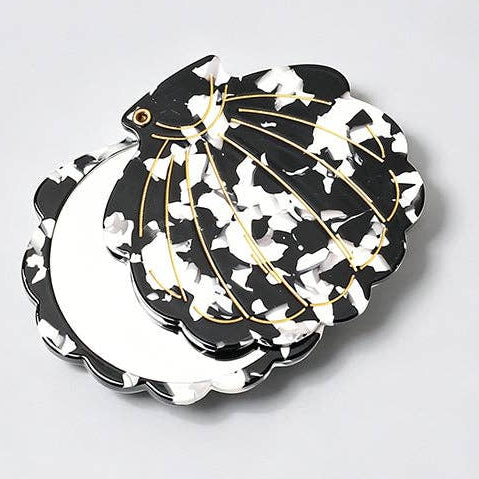 Vintage Seashell Acetate Compact Mirror - Black & White