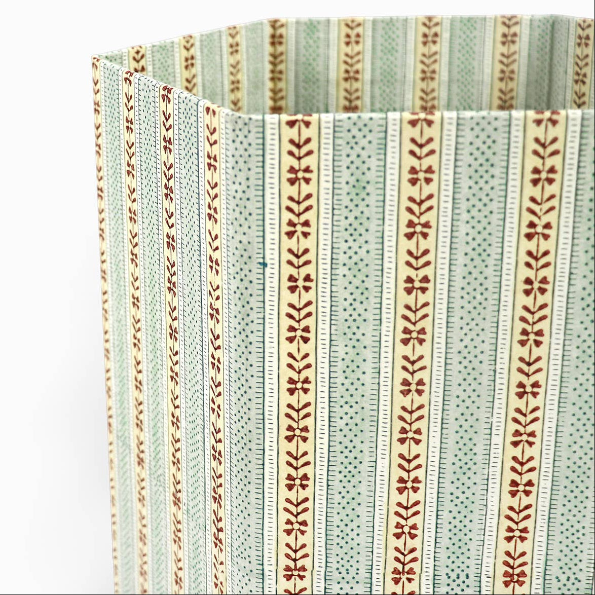 Block Printed Hexagon Collapsible Basket - Sky/Red Rhea