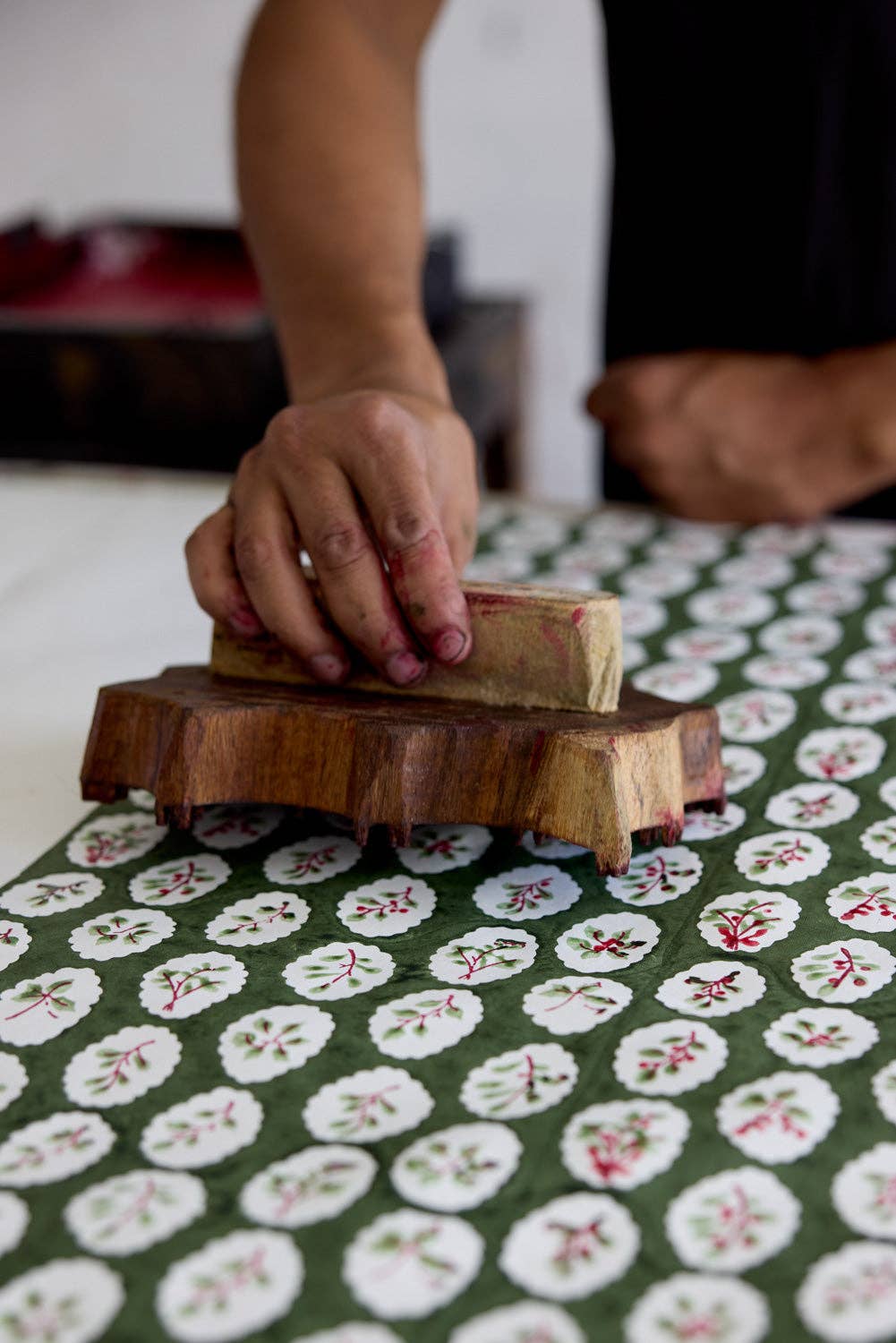 Block Printed Wrapping Paper - Scallop Tiles Holly Green