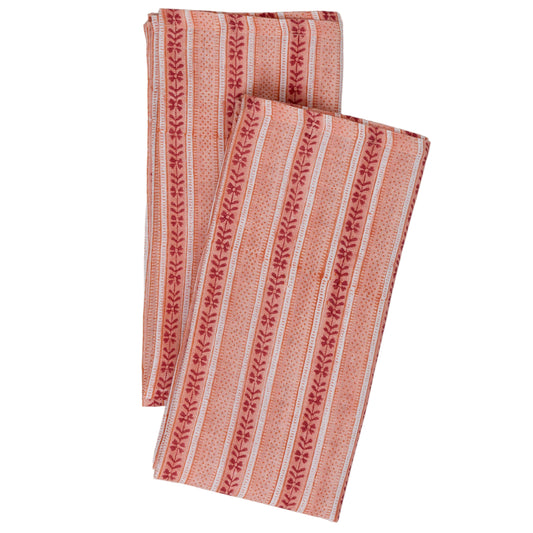 Hand Block Linen Napkin Set - Floral Strip: Red