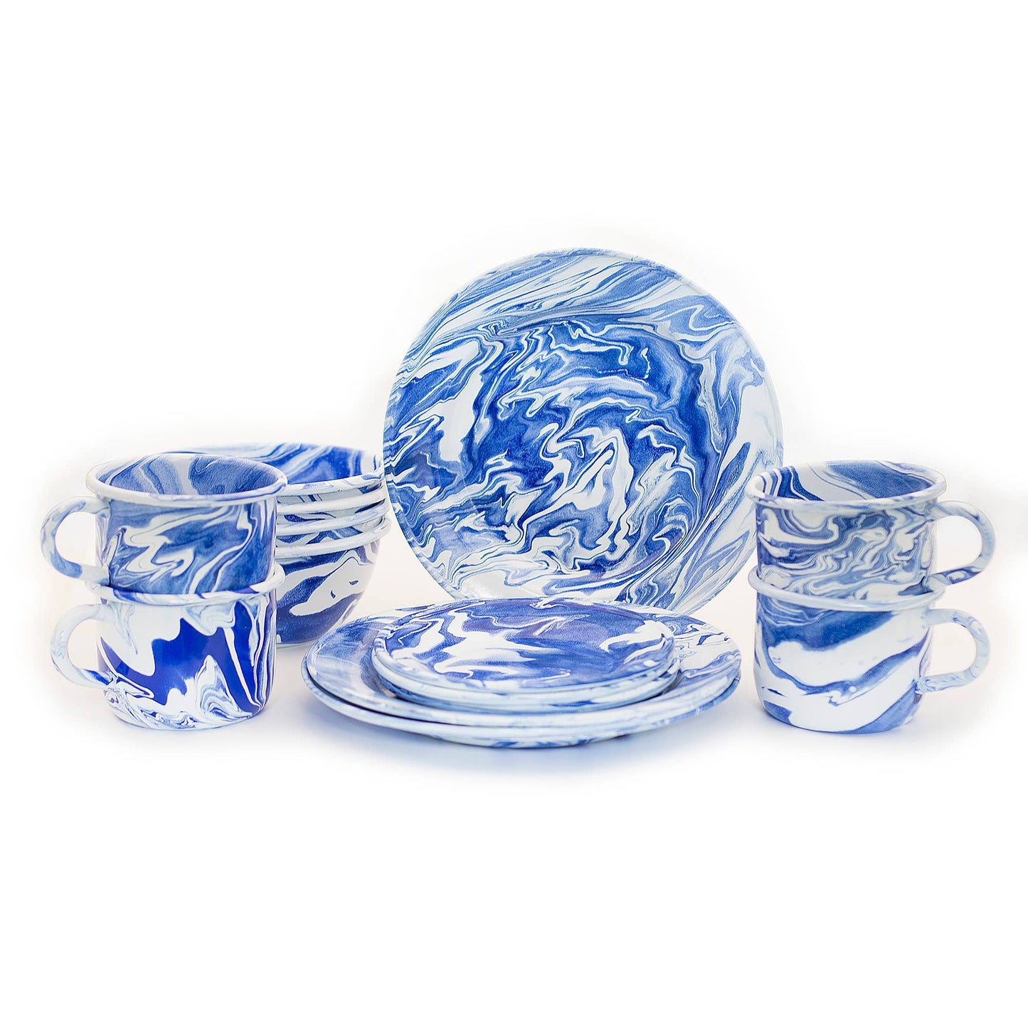 Hand Marbled  Enamelware Dining Set - Blue