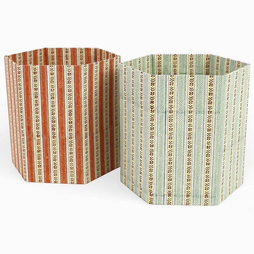 Block Printed Hexagon Collapsible Basket - Sky/Red Rhea
