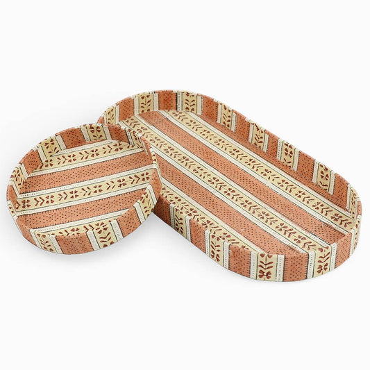 Block Printed Round Desk Tray Set - Brick Red Reah