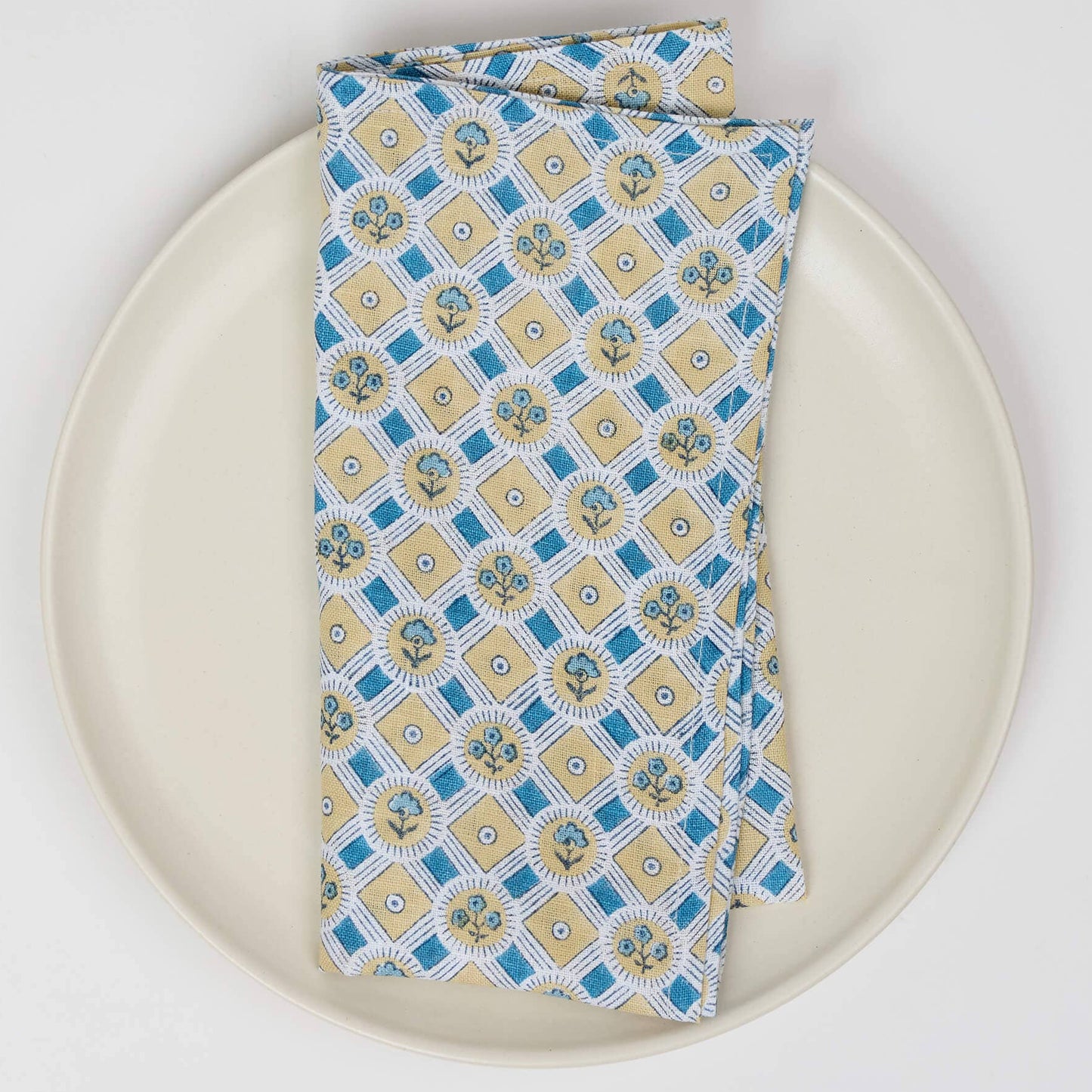 Hand Block Linen Napkin Set Spring Bloom: Blue