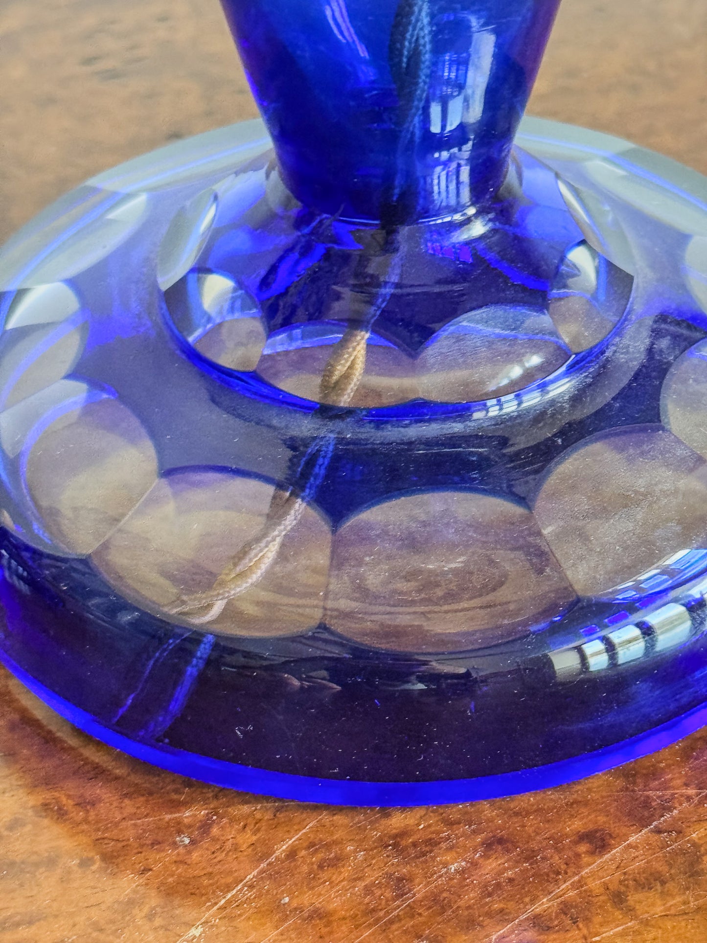 A Pair of Edwardian Bohemian Blue Cut Glass Lamps