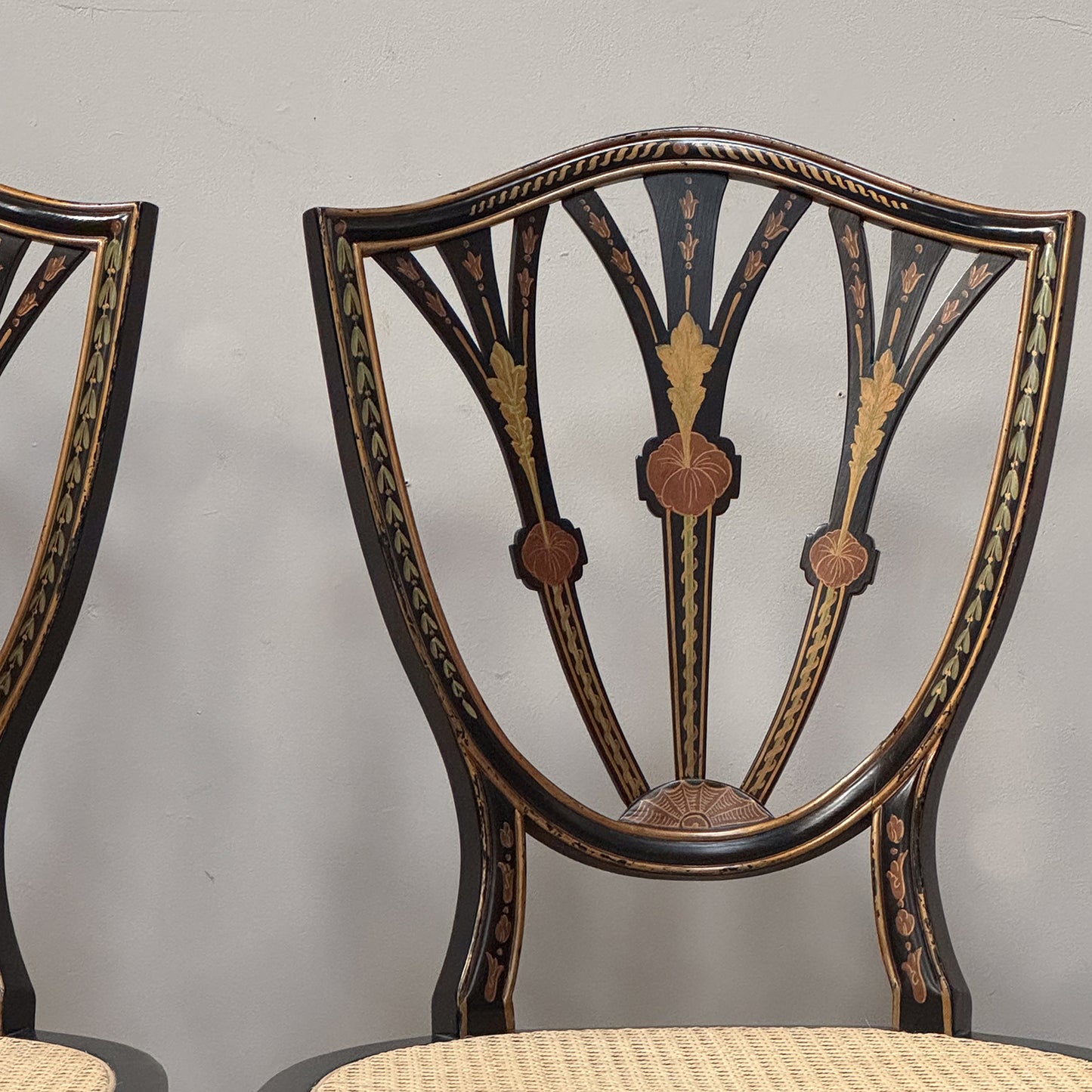 A Pair George III Style Ebonised and Polychrome Painted Open Armchairs