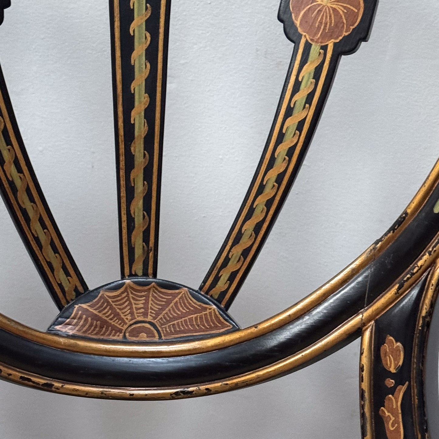 A Pair George III Style Ebonised and Polychrome Painted Open Armchairs