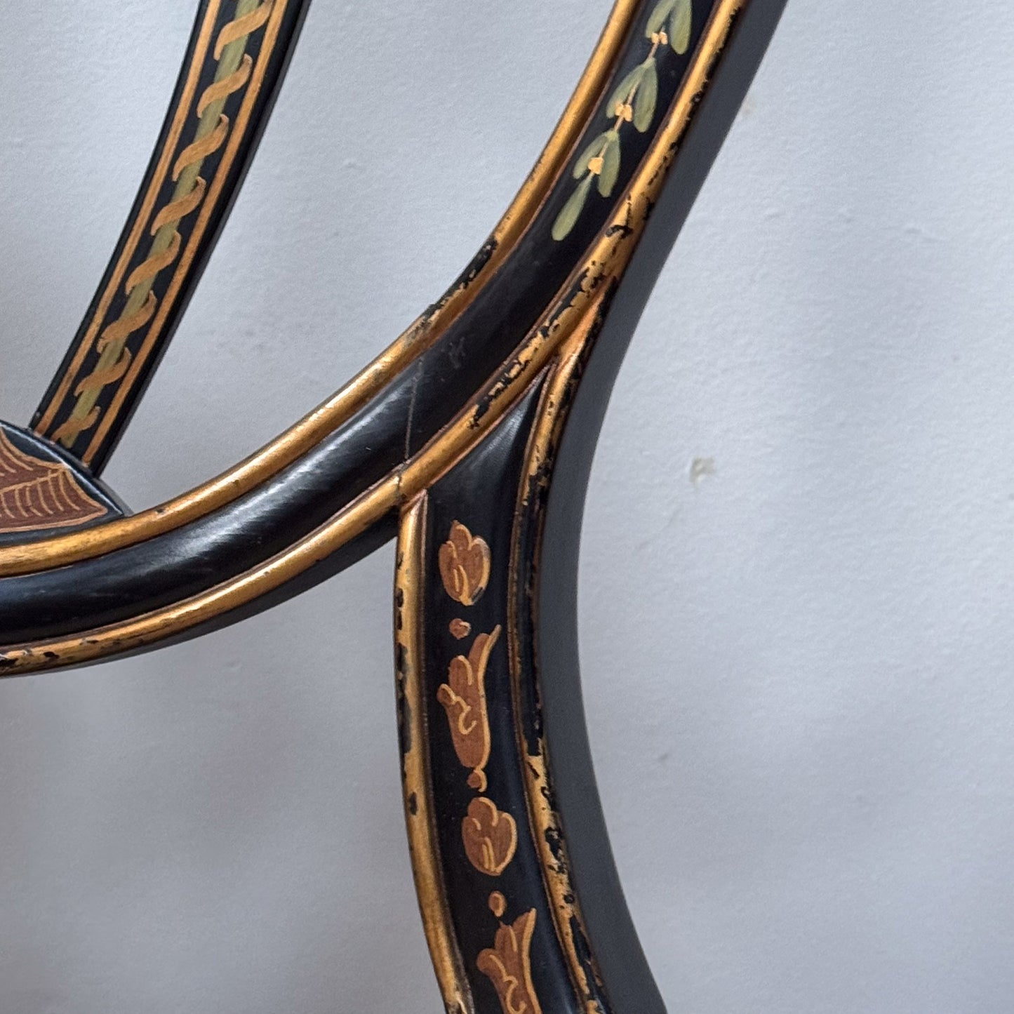 A Pair George III Style Ebonised and Polychrome Painted Open Armchairs