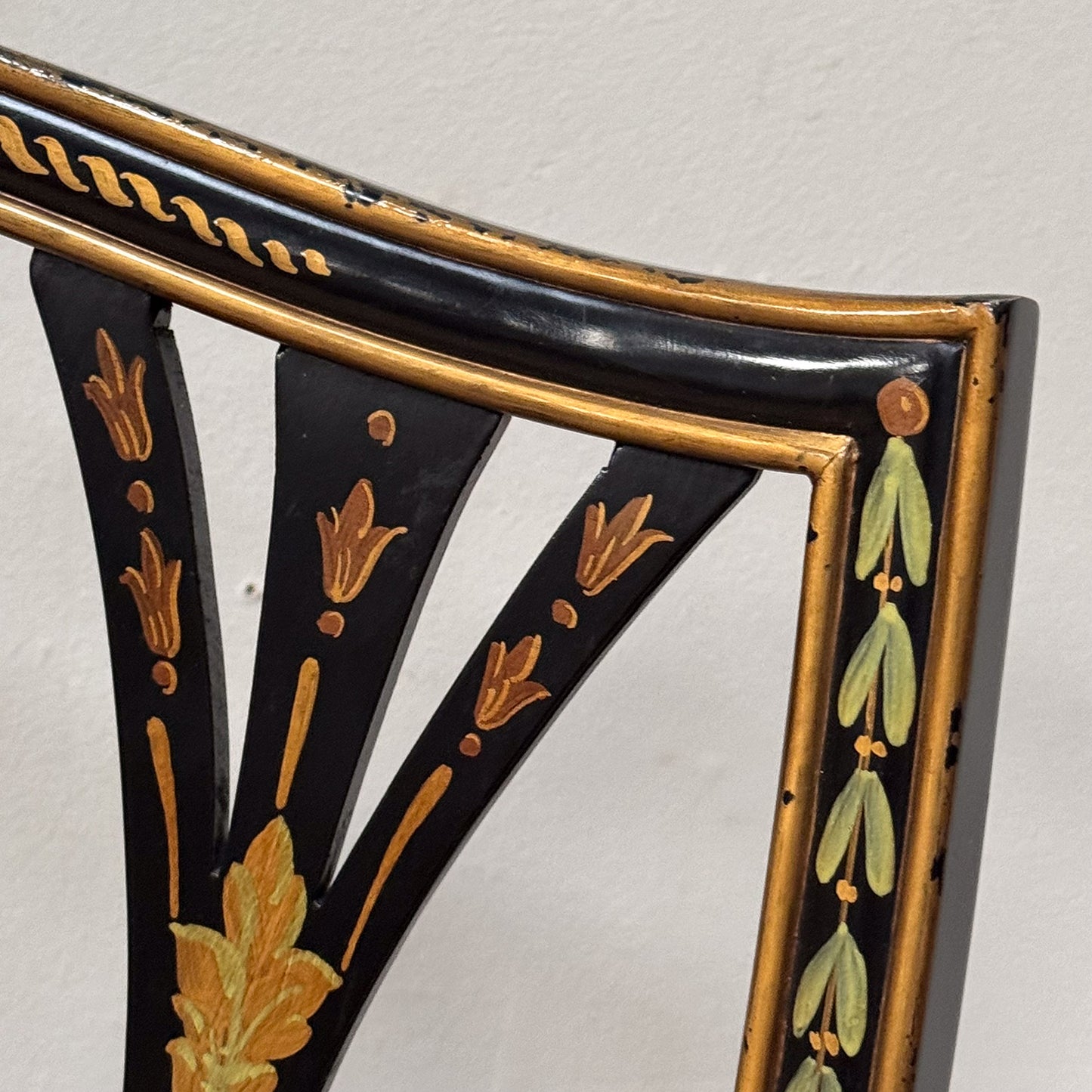 A Pair George III Style Ebonised and Polychrome Painted Open Armchairs