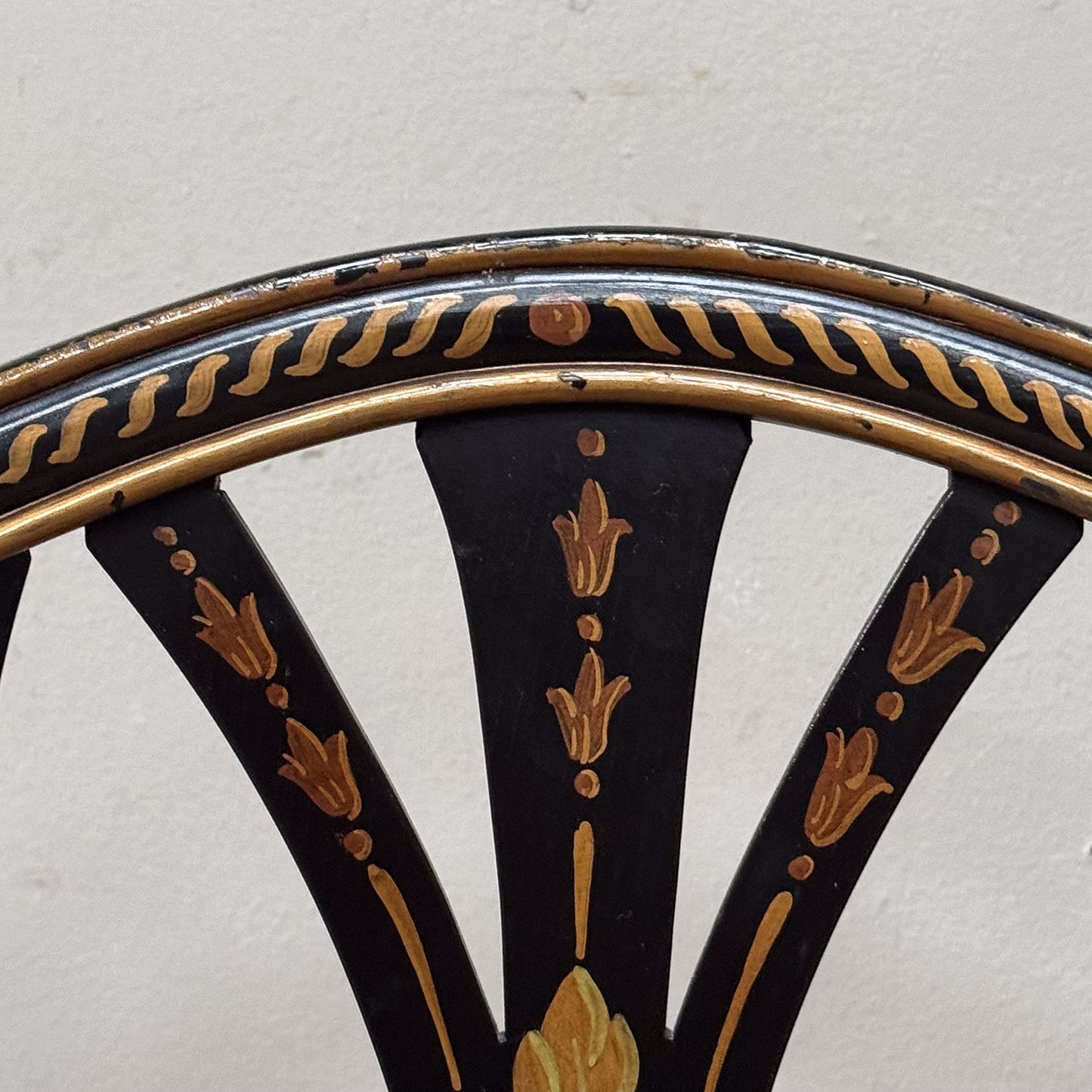 A Pair George III Style Ebonised and Polychrome Painted Open Armchairs