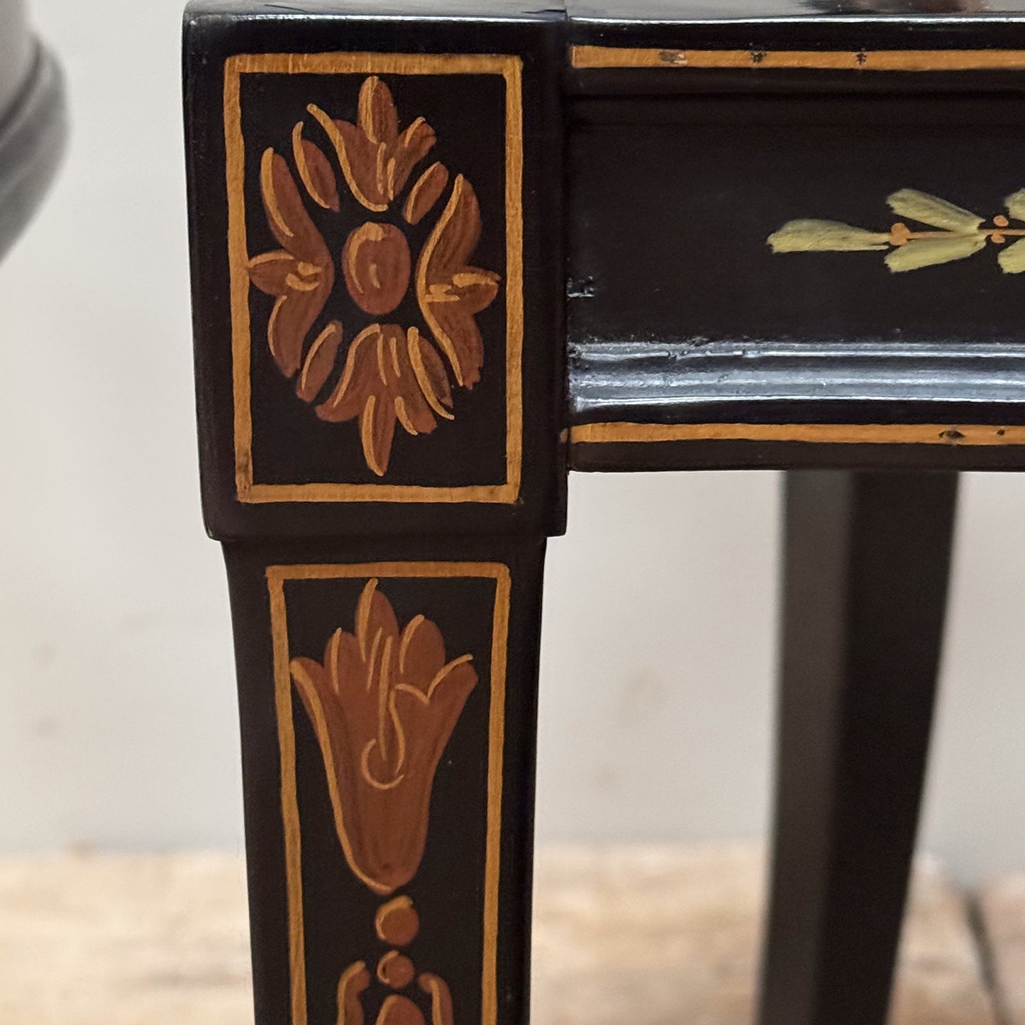 A Pair George III Style Ebonised and Polychrome Painted Open Armchairs