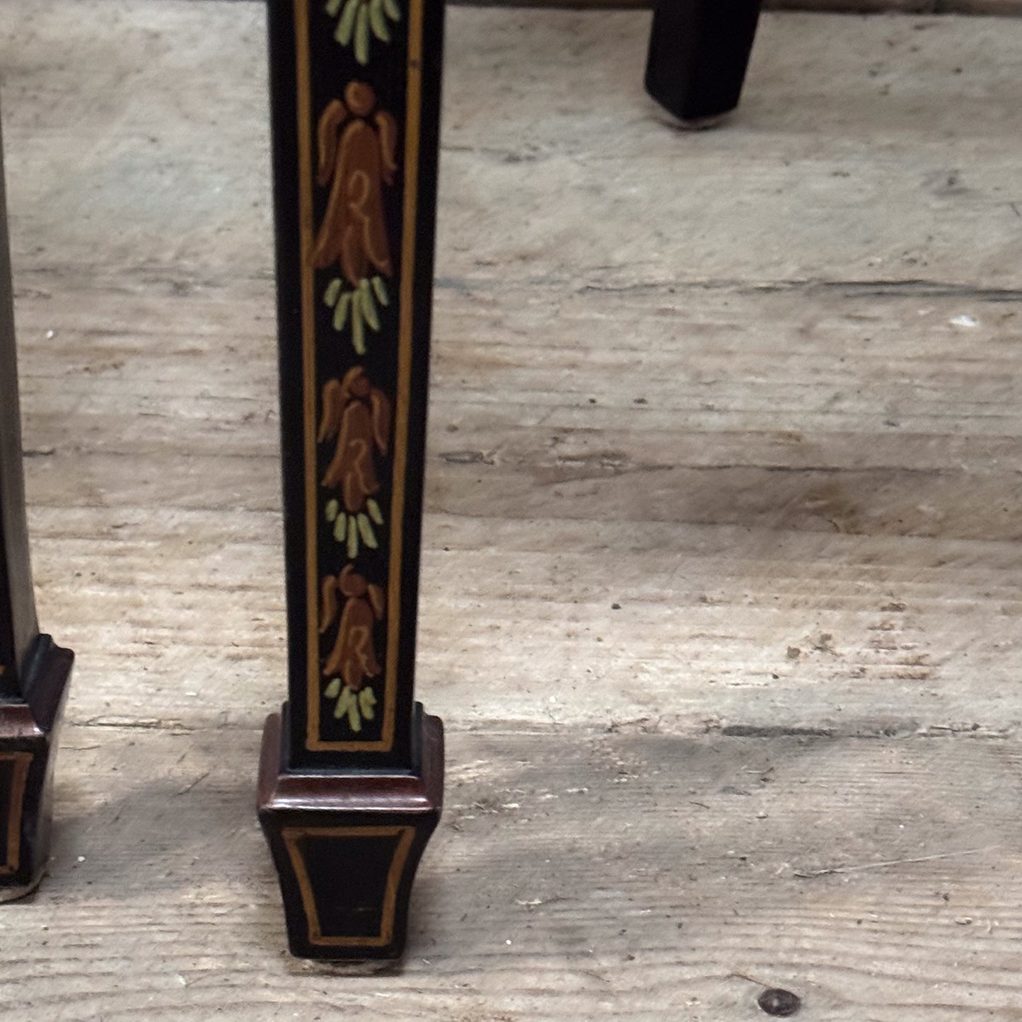 A Pair George III Style Ebonised and Polychrome Painted Open Armchairs