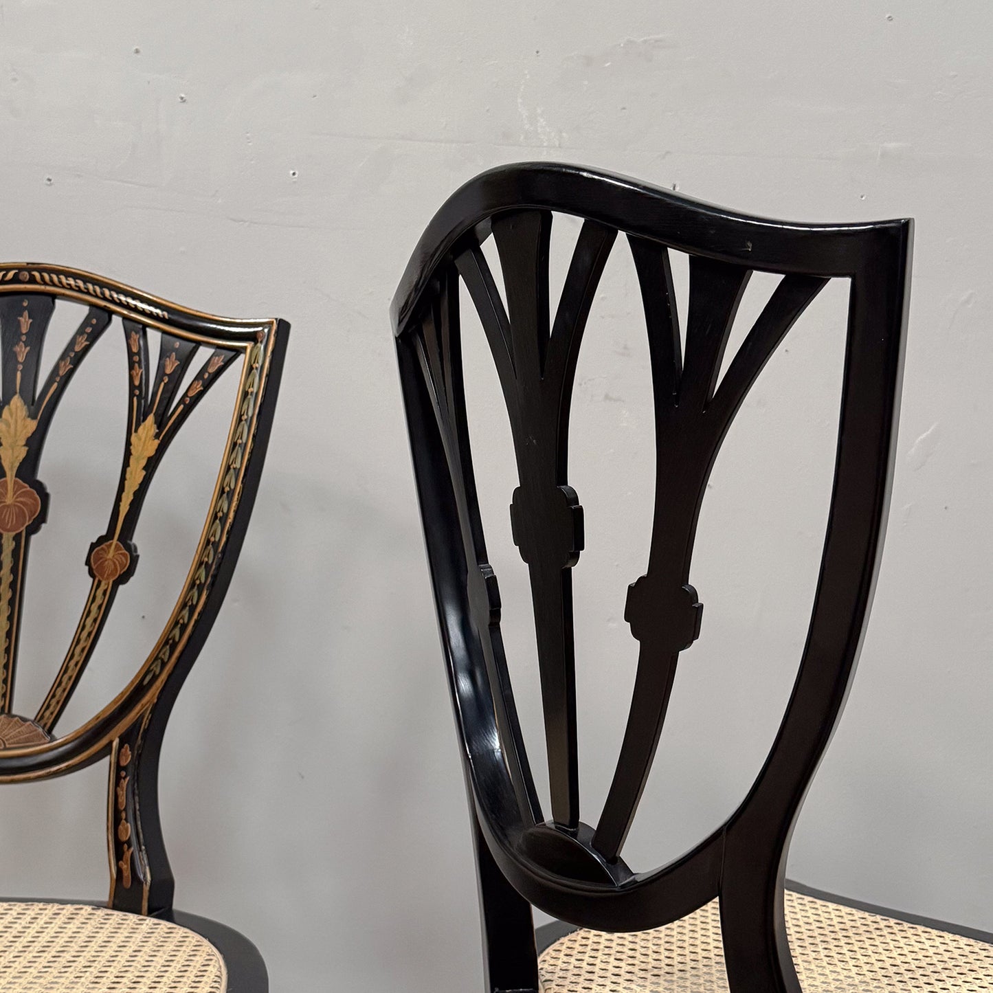 A Pair George III Style Ebonised and Polychrome Painted Open Armchairs