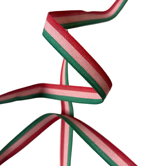 Tricolor Stripe Red/Pink/Green Cotton Ribbon - 15mm x 5m