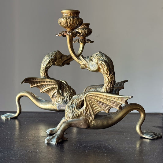 A Pair of Late 19th Century Gilt Brass Wyvern Candlesticks