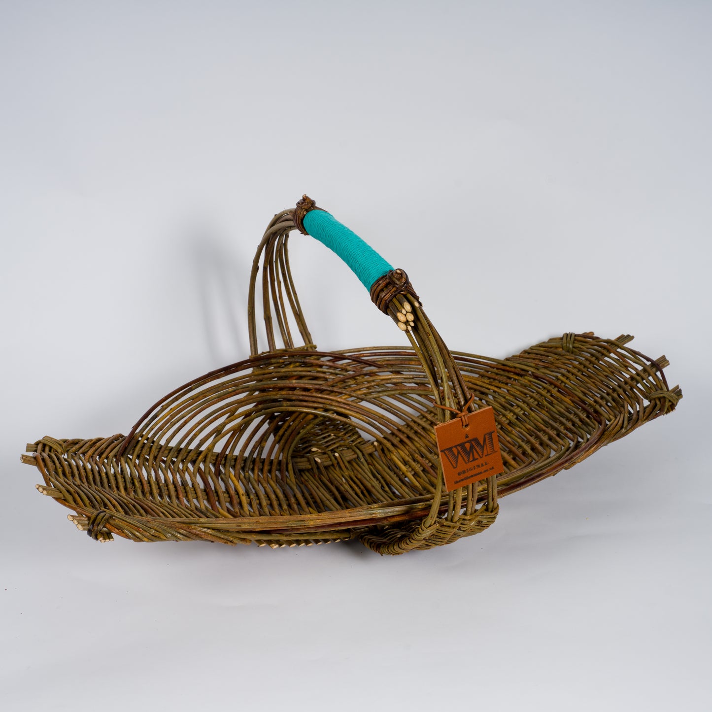 Willow Flat Flower Basket with Blue Handle