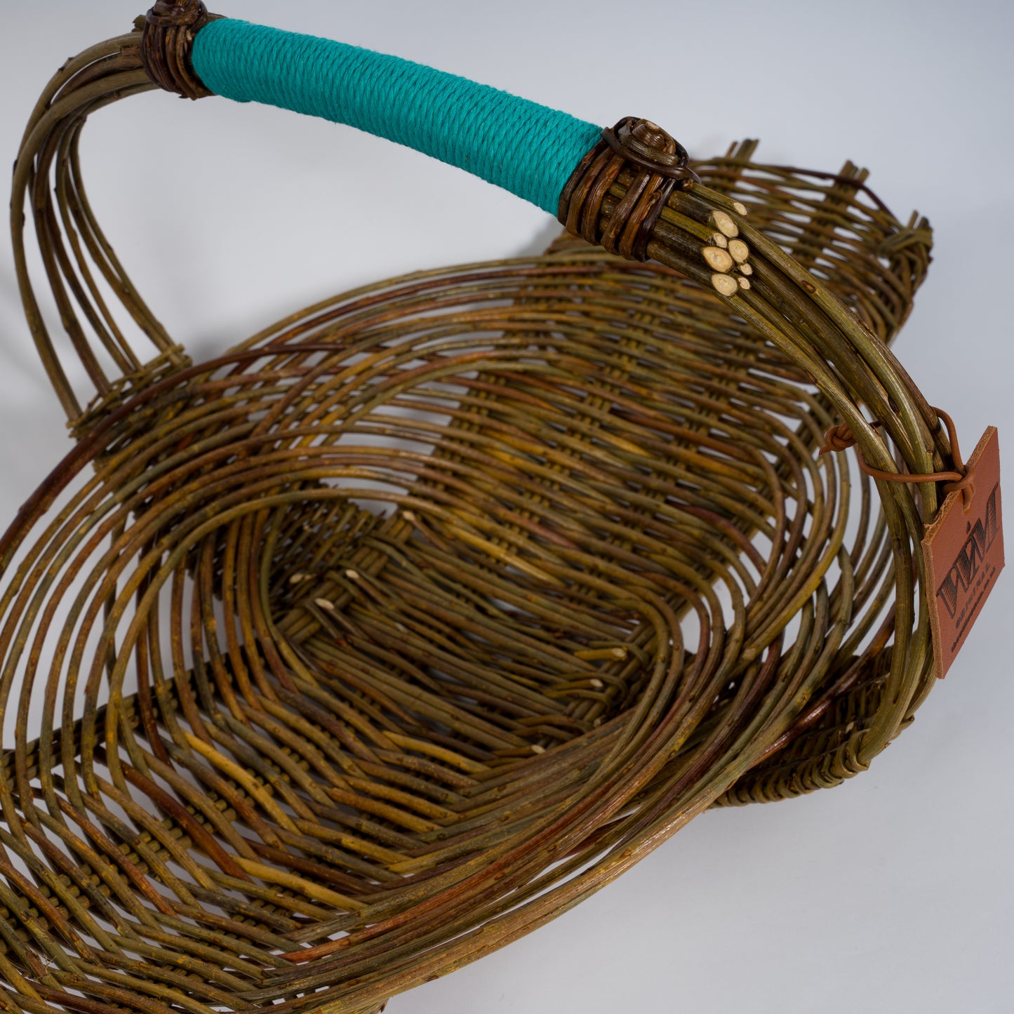 Willow Flat Flower Basket with Blue Handle