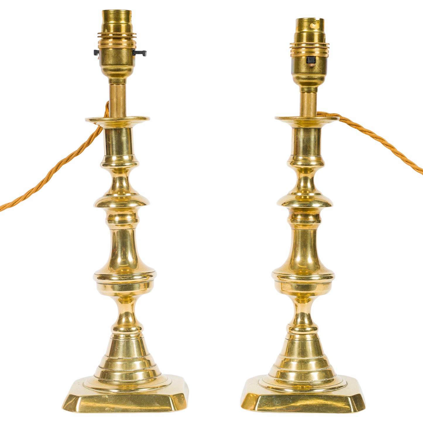 Pair Shaped Antique Brass Candlestick Lamps