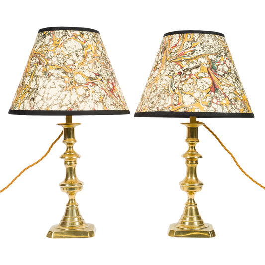 Pair Shaped Antique Brass Candlestick Lamps