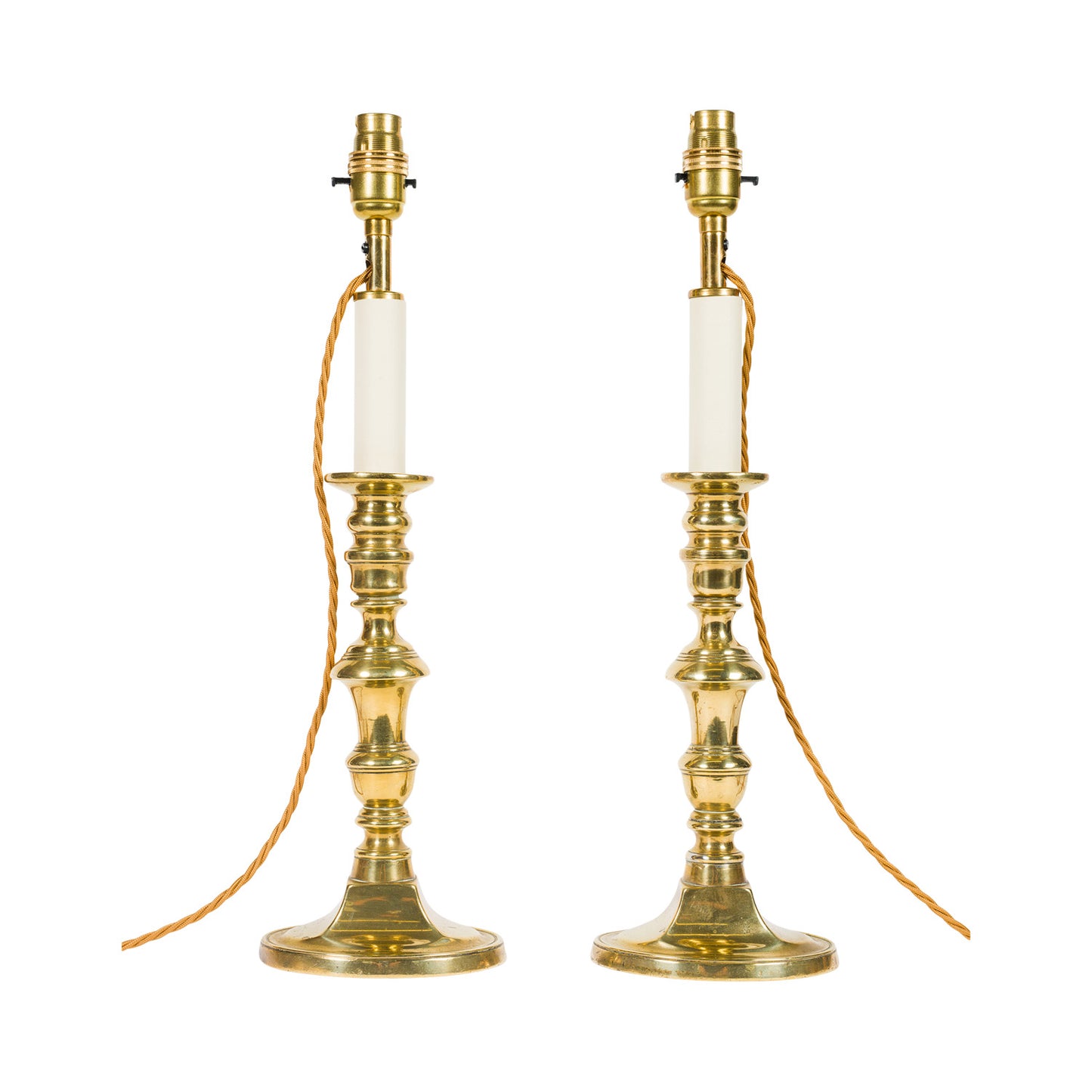 Pair Antique Tall Shaped Brass Candlestick Lamps