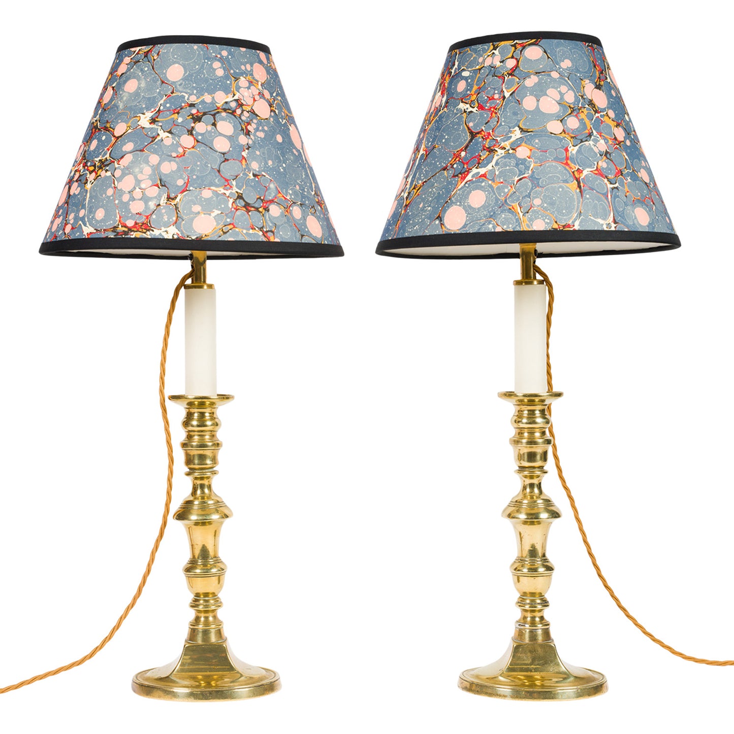 Pair Antique Tall Shaped Brass Candlestick Lamps