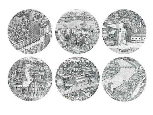 Set Of Six Piero Fornasetti 'CITIES OF ITALY' Plates, circa 1950.