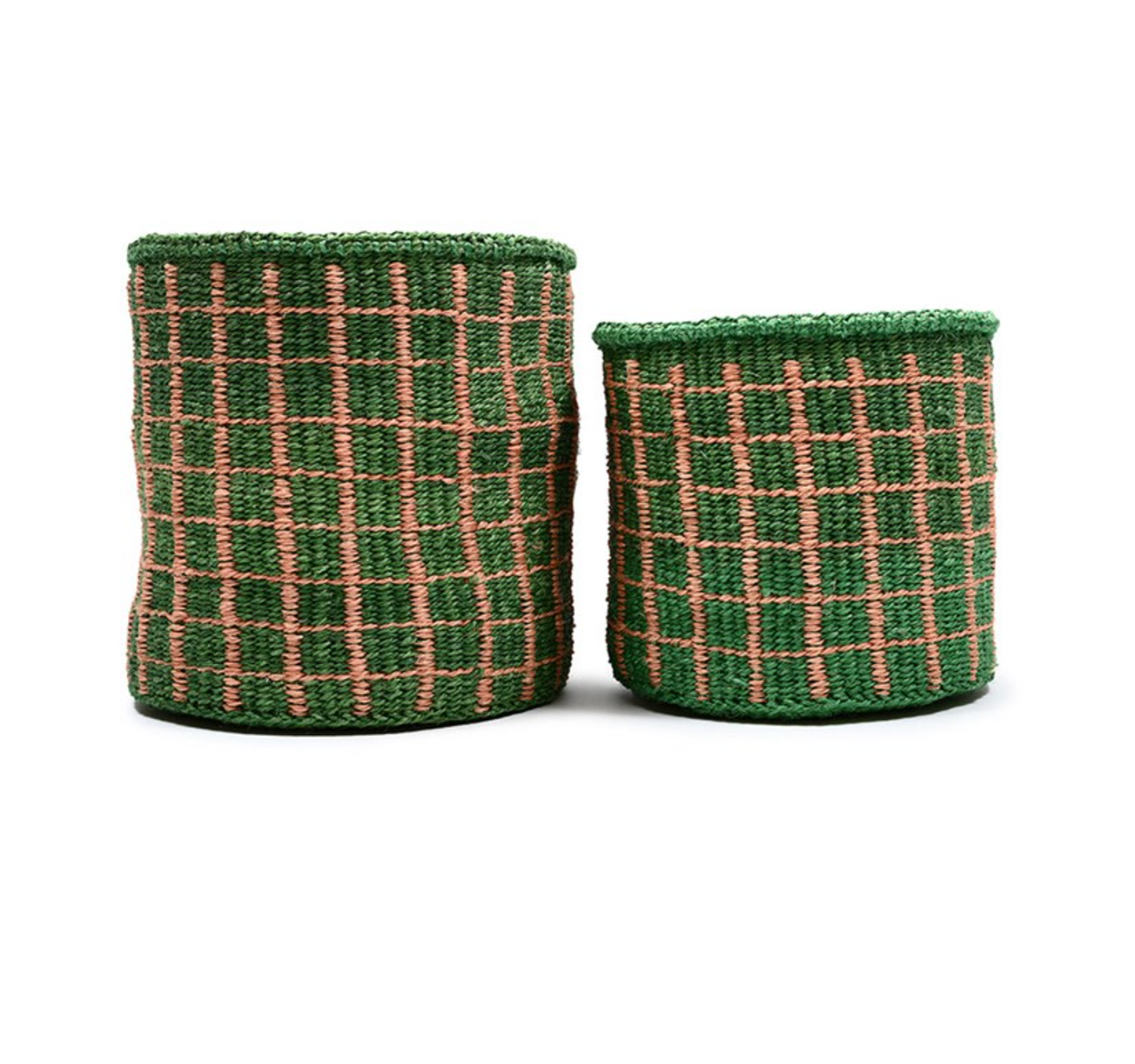 MAPATO: Green & Pink Check Woven Storage Basket - Medium