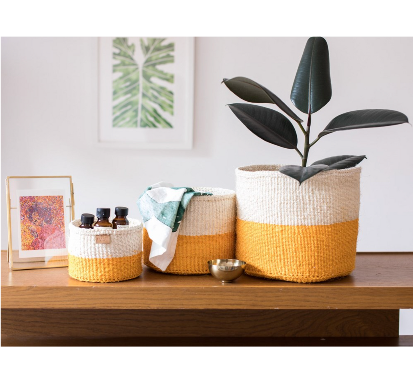 RUKIA: Orange Colour Block Woven Basket - XSmall