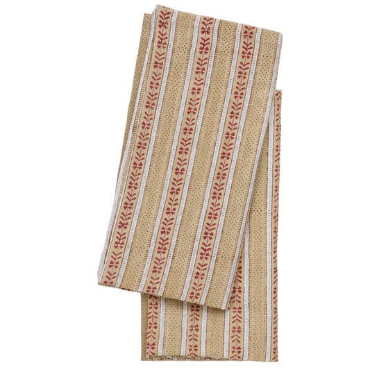 Block Printed Linen Napkin Set Floral Stripe: Ochre Red