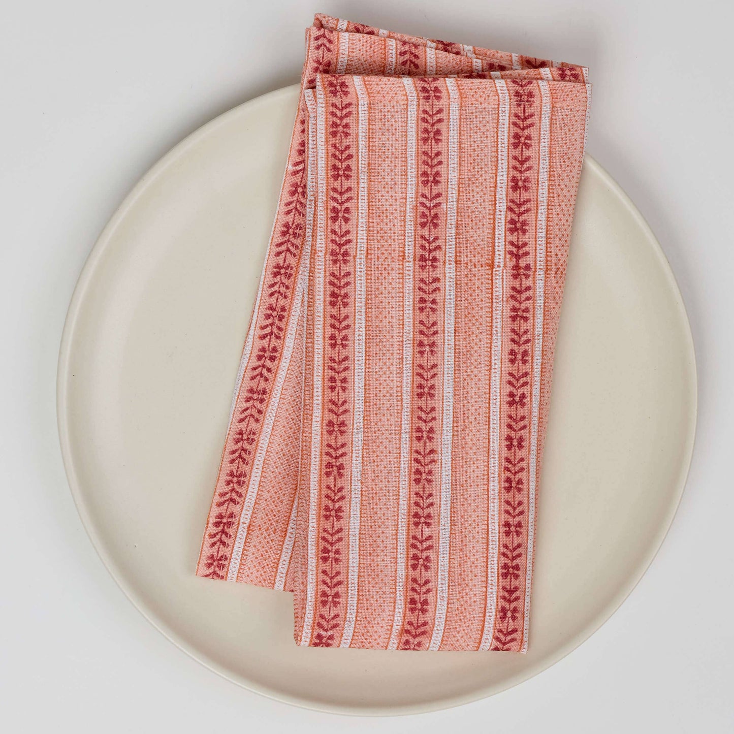 Hand Block Linen Napkin Set - Floral Strip: Red
