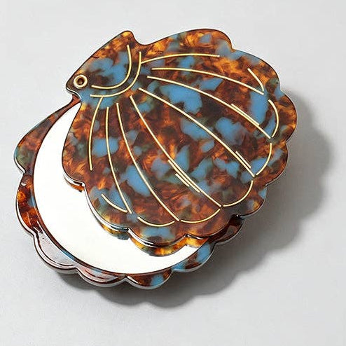Vintage Seashell Acetate Compact Mirror - Blue Coffee