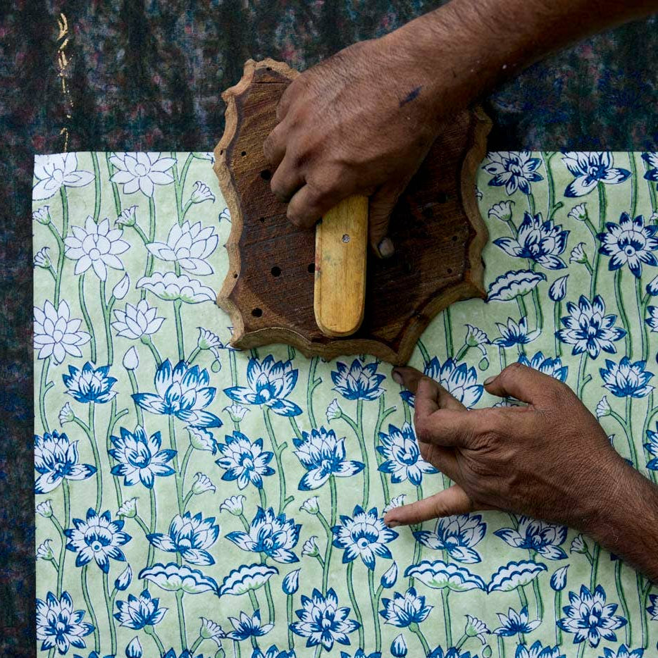 Block Printed Wrapping Paper - Lotus Indigo