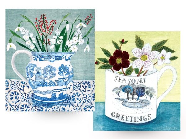 Seasons Greetings & Snowdrops in Jug by Debbie George - Pack of 6 Christmas Cards