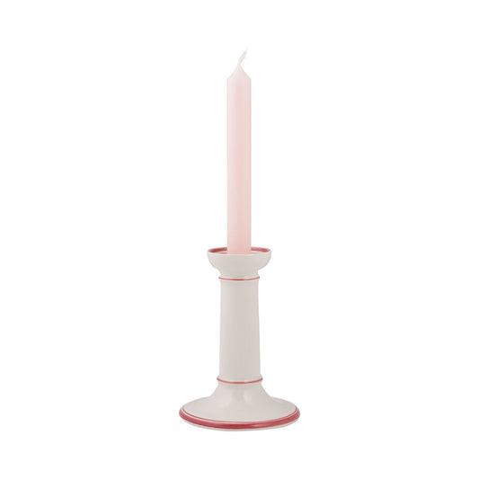 Hand-Painted Creamware Column Candlestick in Pink - Small